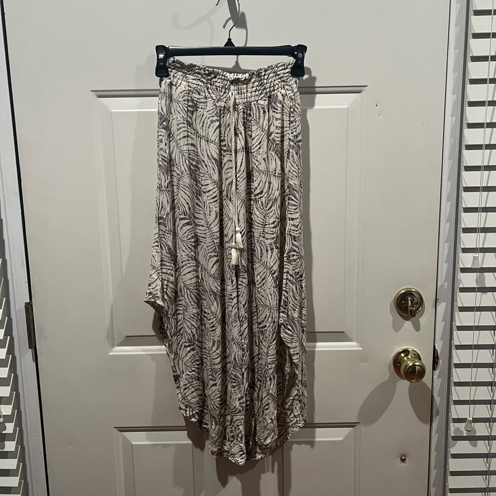 Rewash Cream and Brown Leaf-Print Wide Leg Bottoms